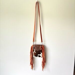 Dancing Cactus Designs Western Style Crossbody Purse Cowhide Leather Pink Fringe